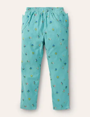 Lined Pull-on Cord Trousers-Frost Blue Patchwork Floral