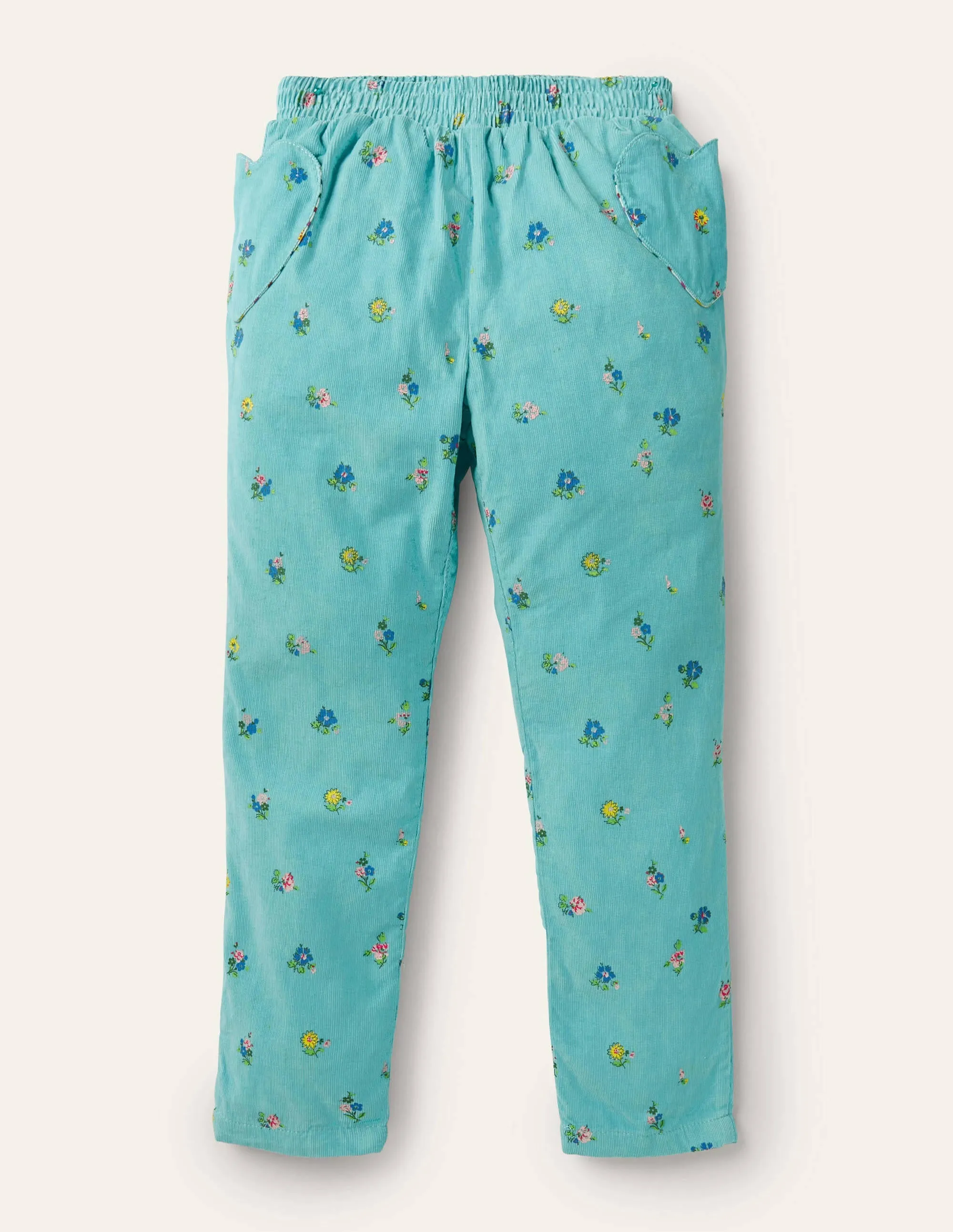 Lined Pull-on Cord Trousers-Frost Blue Patchwork Floral