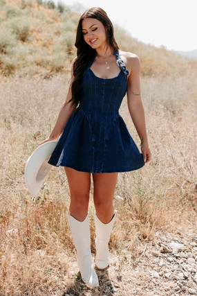 Fleeting Moments Denim Halter Mini Dress (Denim) Winter Proof New York