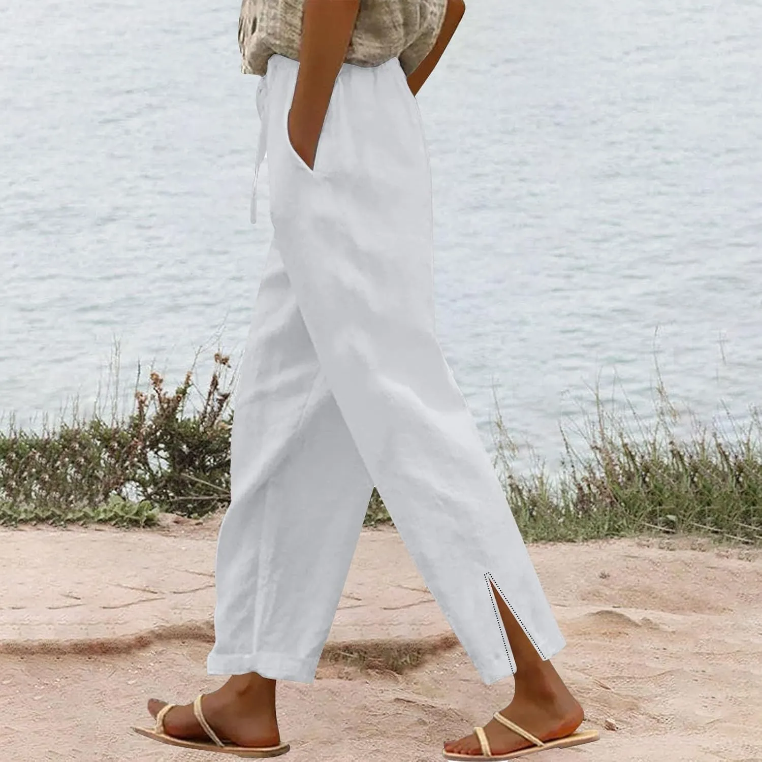 Linen Capri Pants Women Summer 2025 Pants Side Button Casual Cropped Linen Capris for Women Striped Spring
