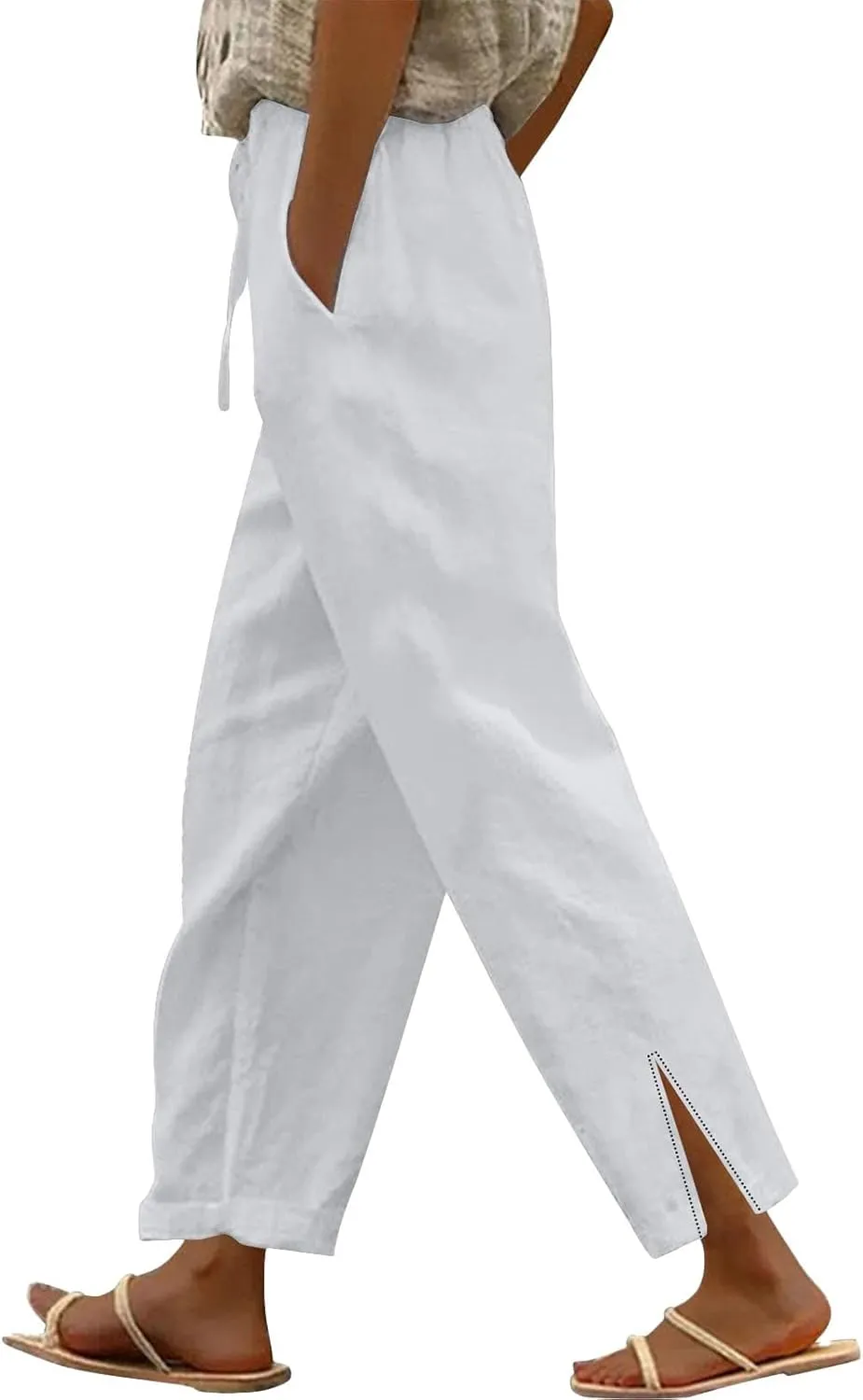 Linen Capri Pants Women Summer 2025 Pants Side Button Casual Cropped Linen Capris for Women Striped Spring