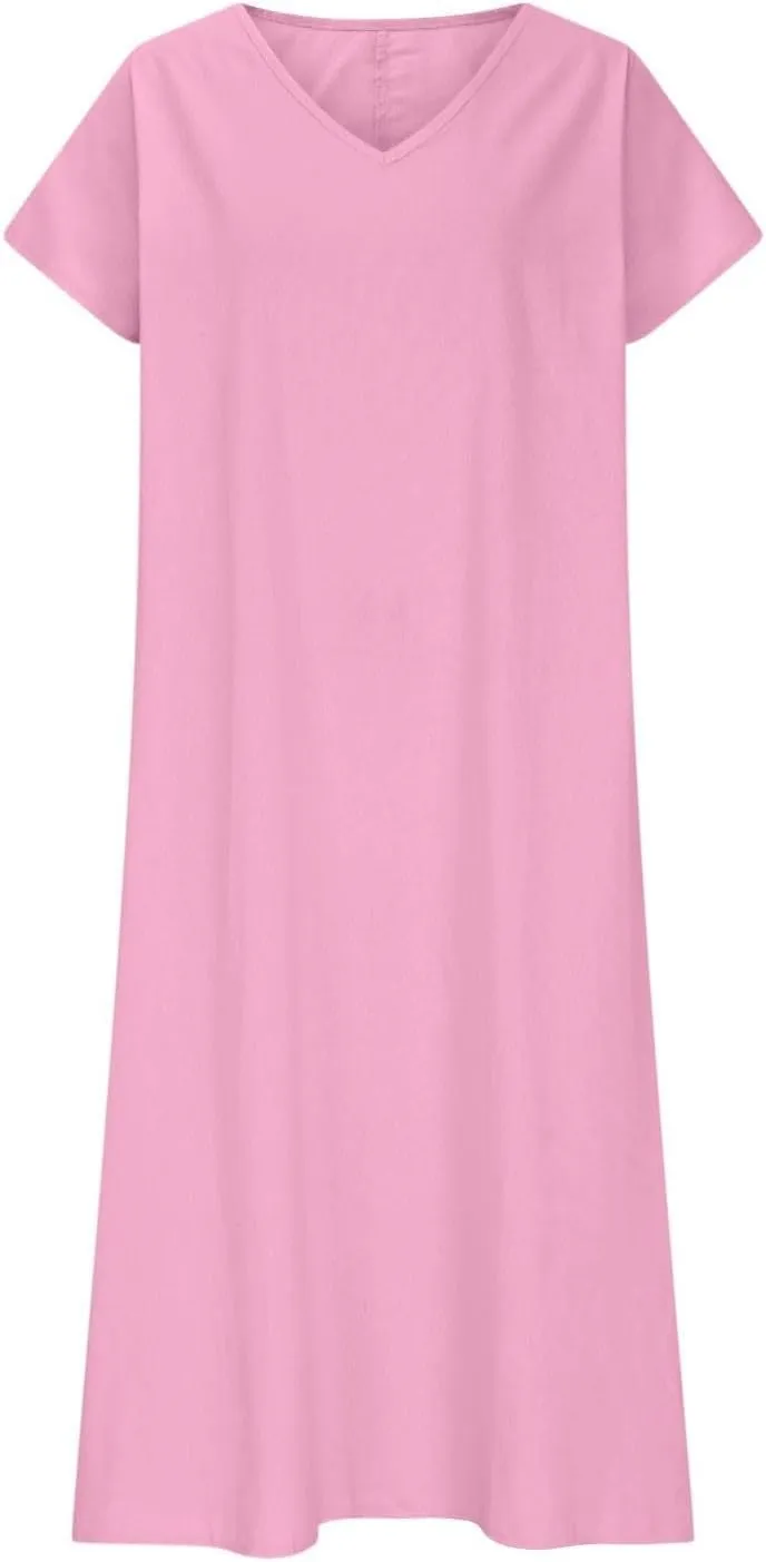 Linen Casual Dresses for Women Flowy V Neck Short Sleeve 2025 Maxi Dress Lightweight Summer Beach Vacation Clothes