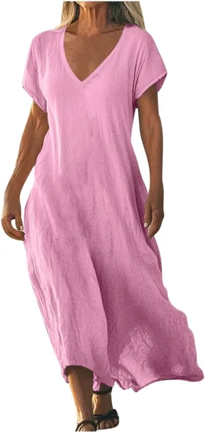 Linen Casual Dresses for Women Flowy V Neck Short Sleeve 2025 Maxi Dress Lightweight Summer Beach Vacation Clothes