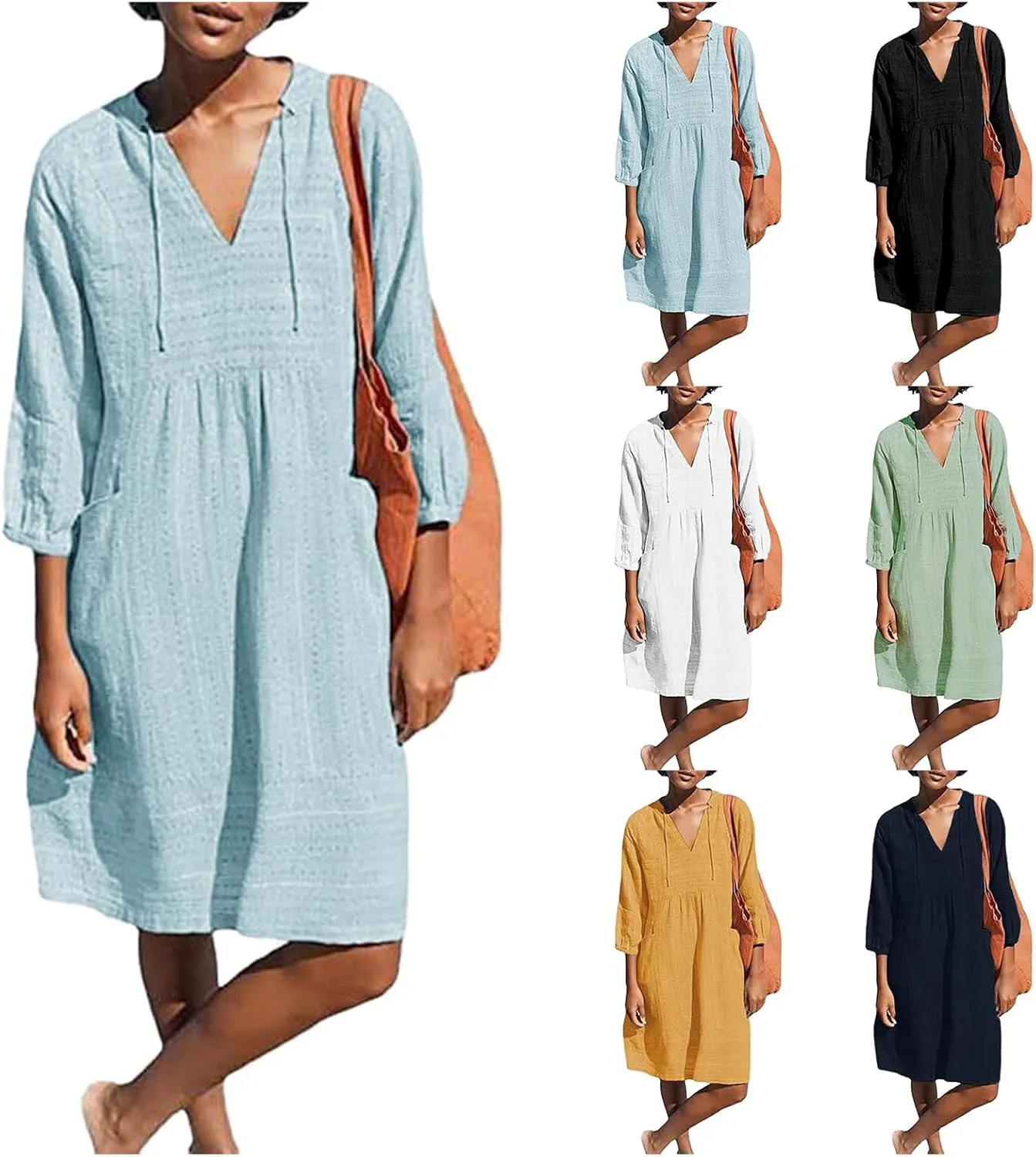 Linen Dresses for Women 2025 Casual V Neck 3/4 Sleeve Mini Dresses Loose Shift Tunic Smock Summer Beach Vacatio Dress