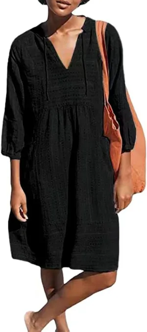 Linen Dresses for Women 2025 Casual V Neck 3/4 Sleeve Mini Dresses Loose Shift Tunic Smock Summer Beach Vacatio Dress