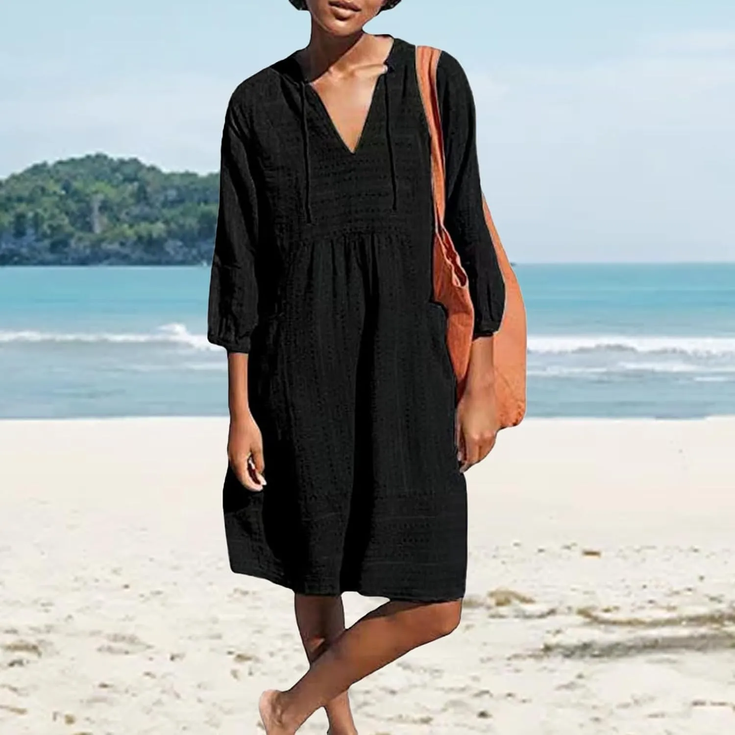 Linen Dresses for Women 2025 Casual V Neck 3/4 Sleeve Mini Dresses Loose Shift Tunic Smock Summer Beach Vacatio Dress