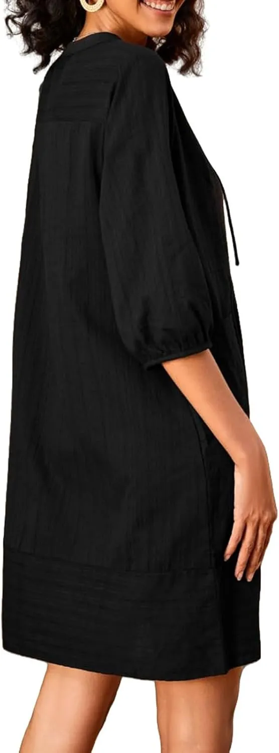 Linen Dresses for Women 2025 Casual V Neck 3/4 Sleeve Mini Dresses Loose Shift Tunic Smock Summer Beach Vacatio Dress