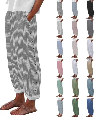 Linen Pants for Women 2024 Summer Casual Plus Size Elastic High Waist Comfy Straight Wide Leg Trousers