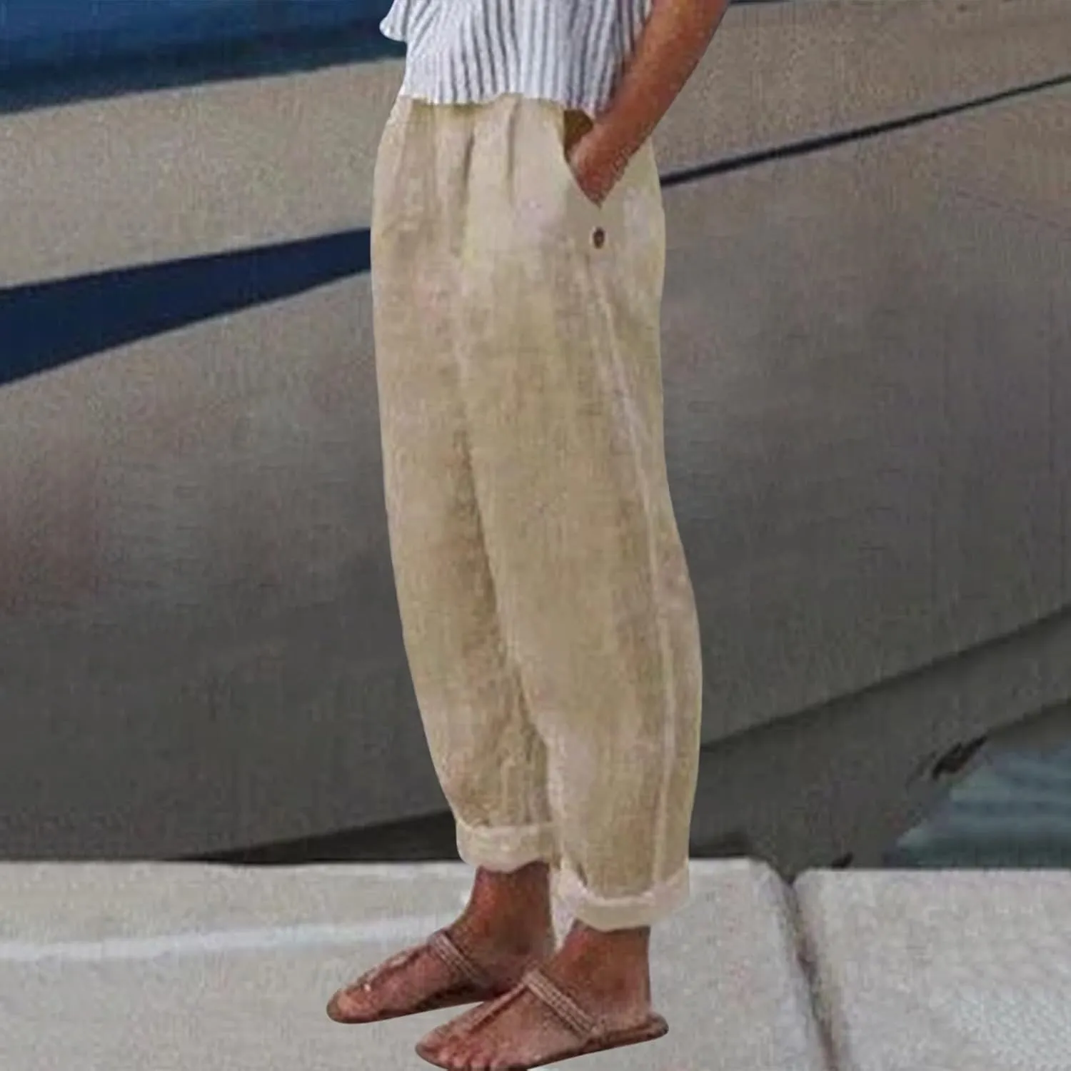 Linen Pants for Women 2024 Summer Casual Plus Size Elastic High Waist Comfy Straight Wide Leg Trousers