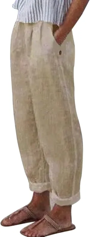 Linen Pants for Women 2024 Summer Casual Plus Size Elastic High Waist Comfy Straight Wide Leg Trousers