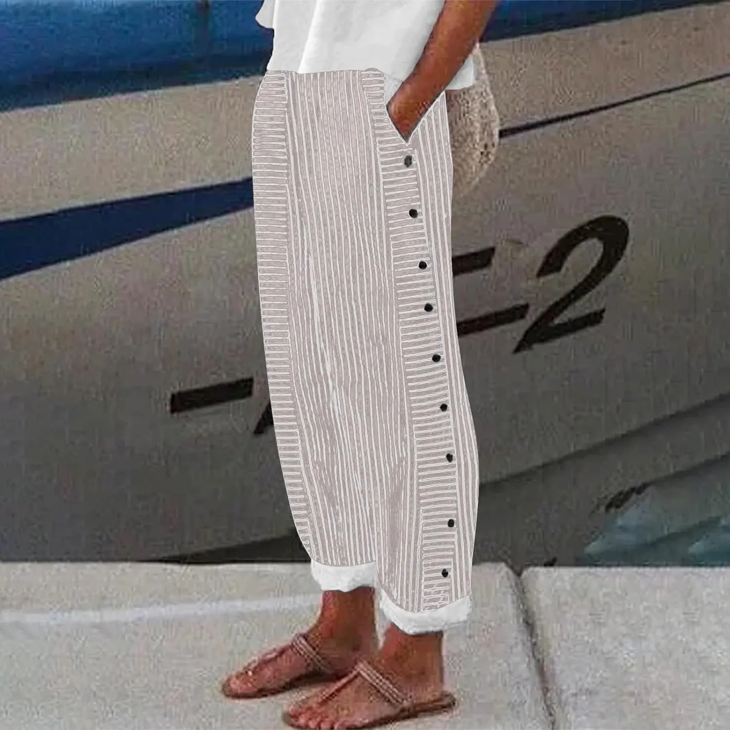 Linen Pants for Women 2024 Summer Casual Plus Size Elastic High Waist Comfy Straight Wide Leg Trousers