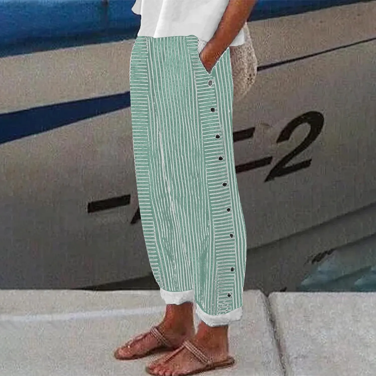 Linen Pants for Women 2024 Summer Casual Plus Size Elastic High Waist Comfy Straight Wide Leg Trousers