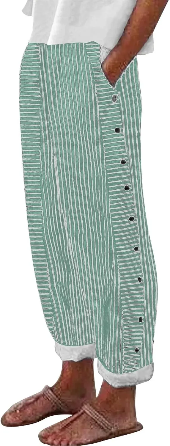 Linen Pants for Women 2024 Summer Casual Plus Size Elastic High Waist Comfy Straight Wide Leg Trousers