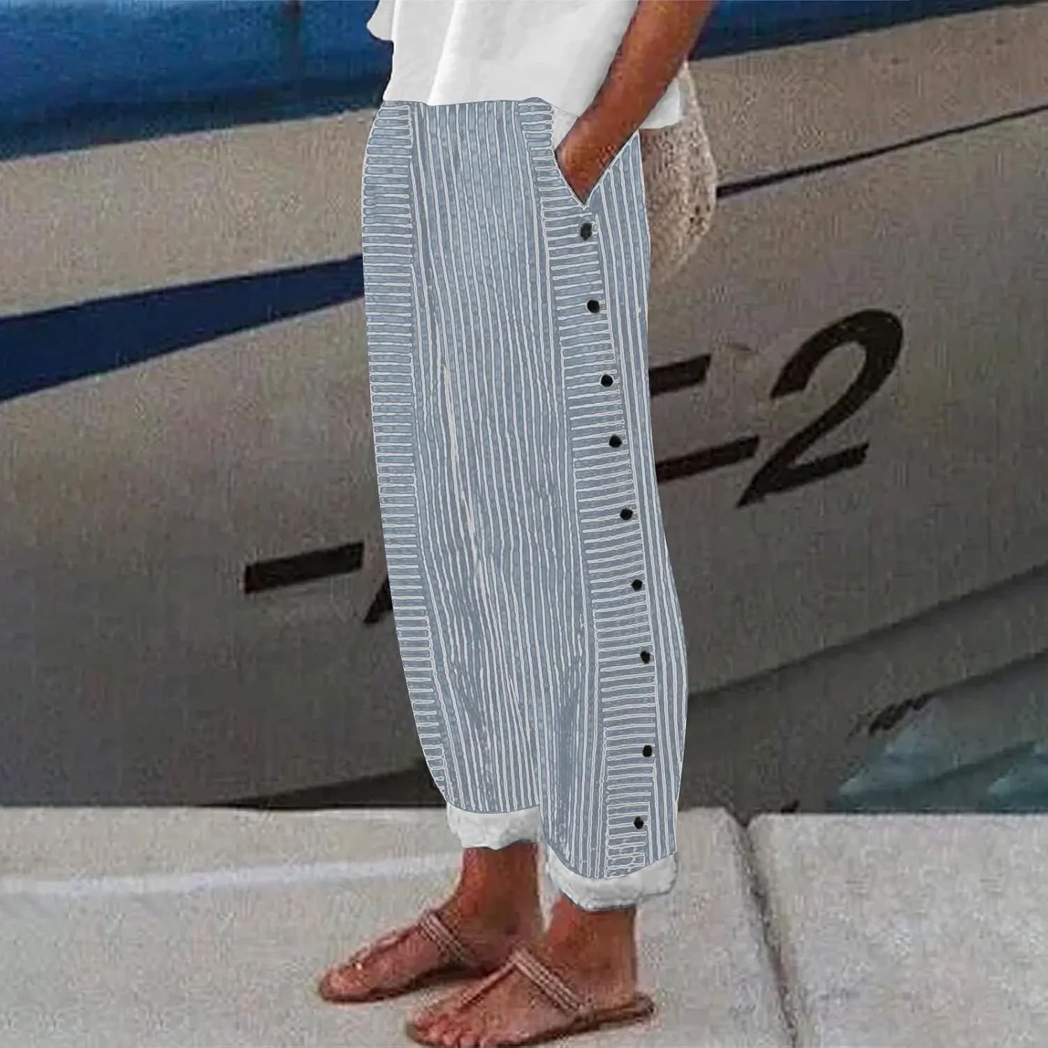 Linen Pants for Women 2024 Summer Casual Plus Size Elastic High Waist Comfy Straight Wide Leg Trousers