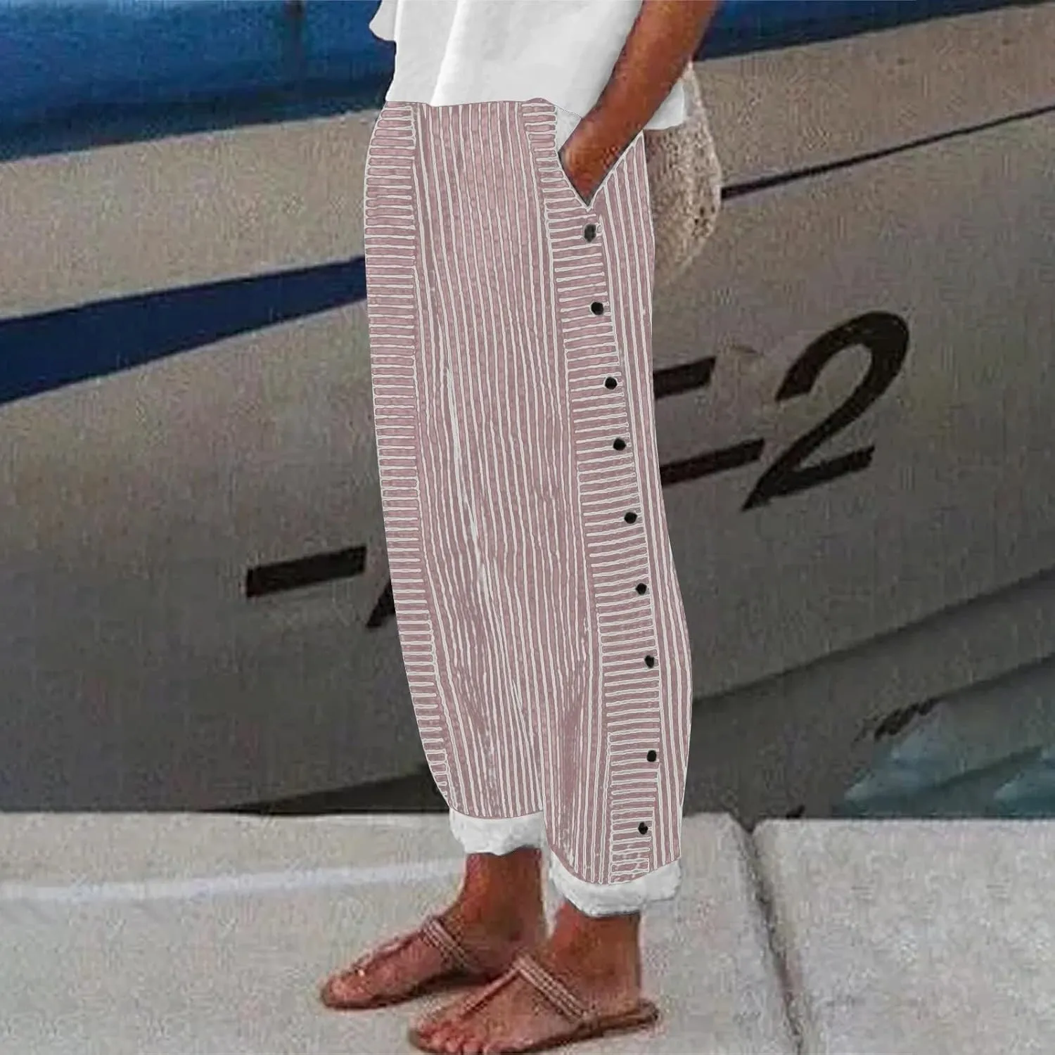 Linen Pants for Women 2024 Summer Casual Plus Size Elastic High Waist Comfy Straight Wide Leg Trousers