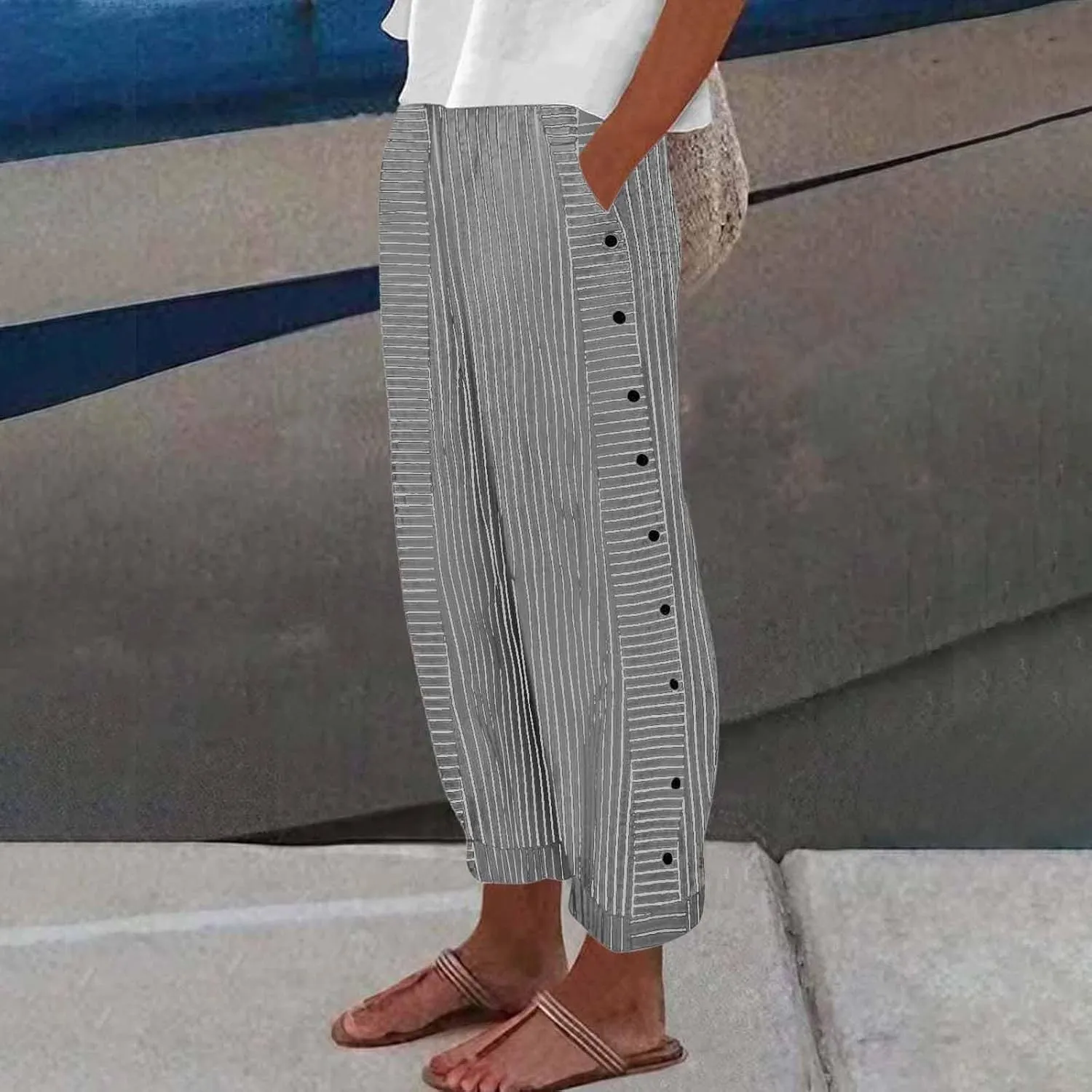 Linen Pants for Women 2025 Summer High Waist Elastic Straight Leg Lounge Pant Casual Loose Lightweight Beach Trousers
