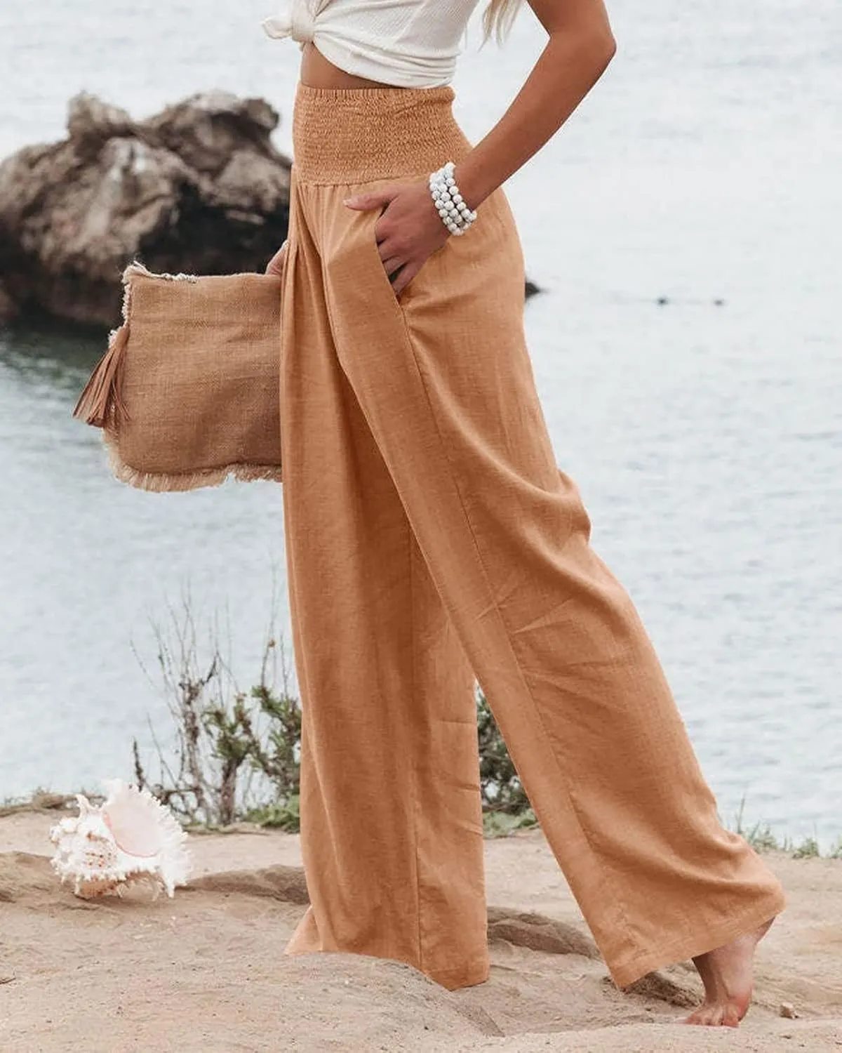 Linen Pants Women Casual High Waisted Wide Leg Pants 2025 Summer Beach Palazzo Pant Vacation Trousers with Pockets