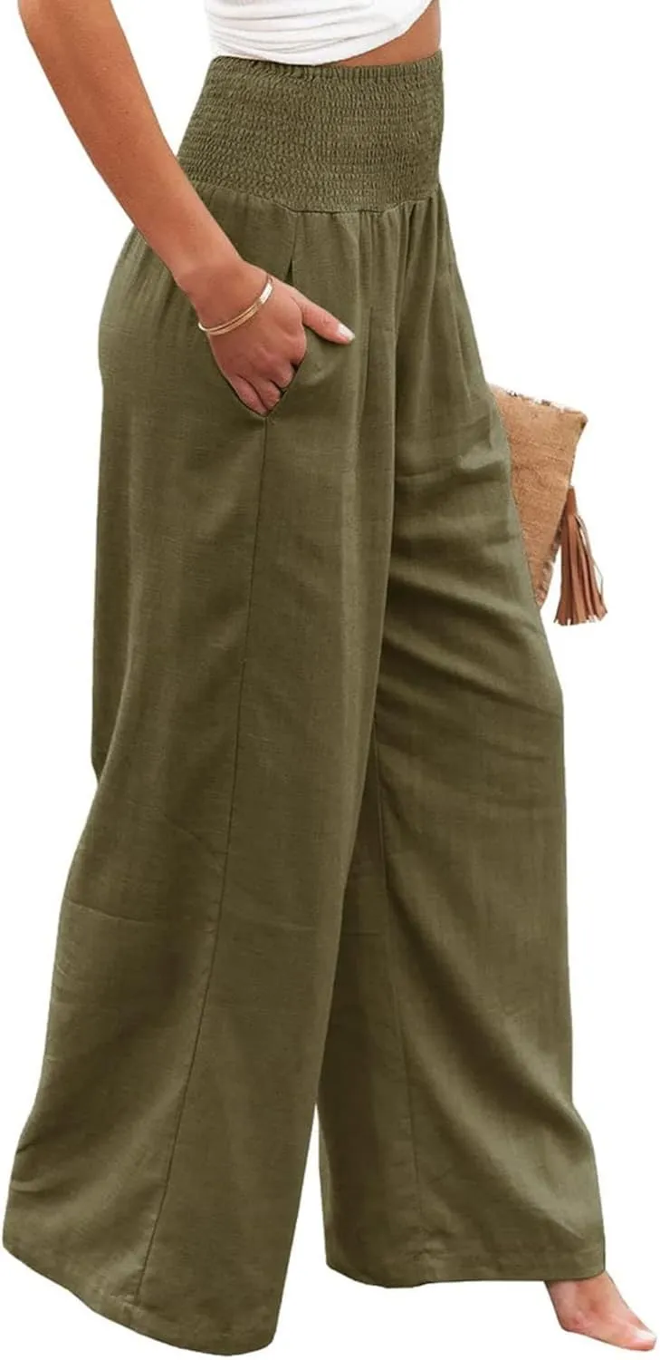 Linen Pants Women Casual High Waisted Wide Leg Pants 2025 Summer Beach Palazzo Pant Vacation Trousers with Pockets