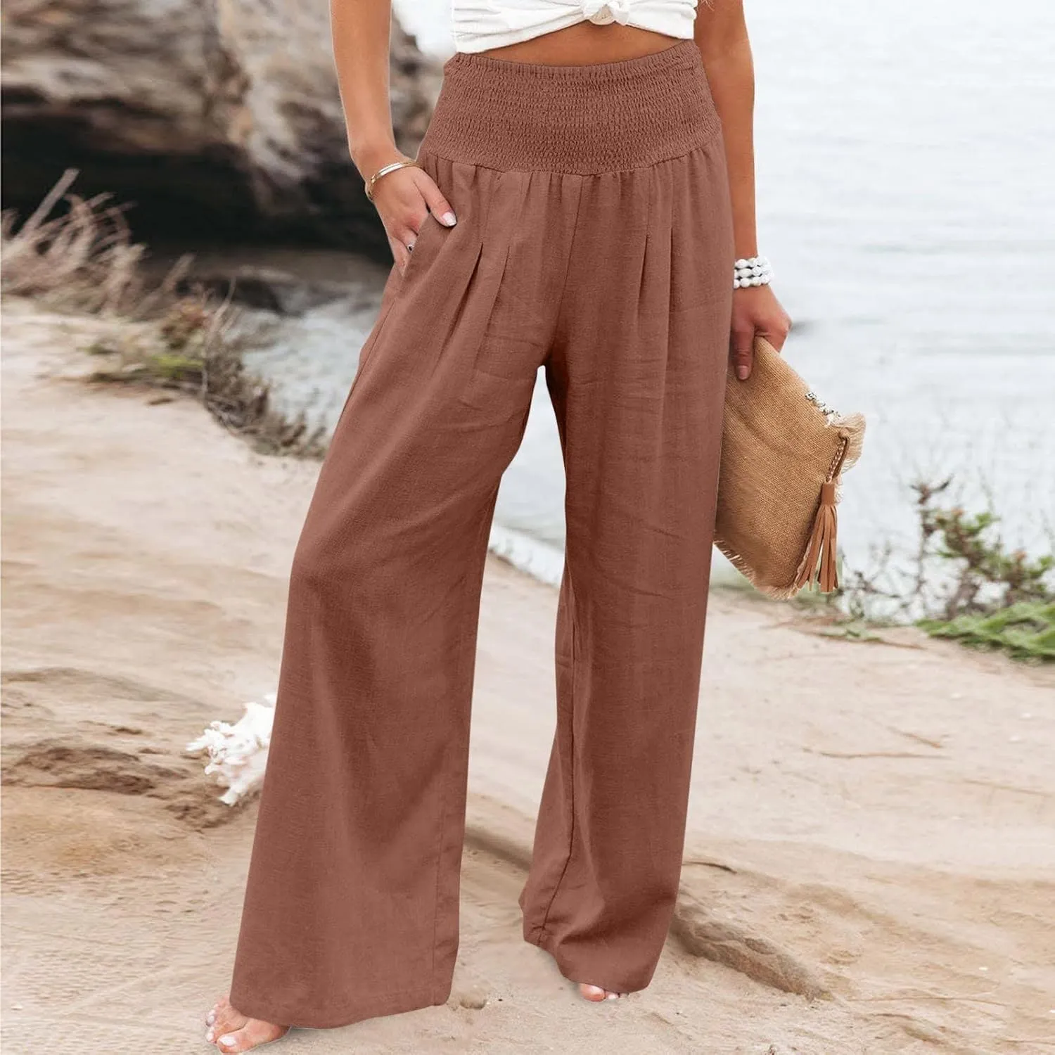 Linen Pants women Summer Casual High Waisted Cotton Linen Palazzo Pants Wide Leg Long Lounge Pant Trousers