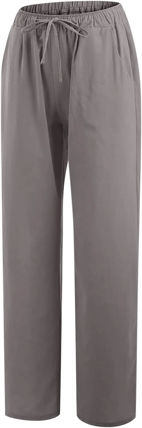 Linen Pants Women Summer High Waisted Pants Casual Wide Leg Pant Drawstring Elastic Waist Pant Flowy Beach Trousers
