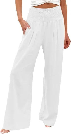 Linen Pants Women Wide Leg Boho Palazzo Pants 2025 Casual Elastic High Waisted Pants Drawstring Lounge Trousers