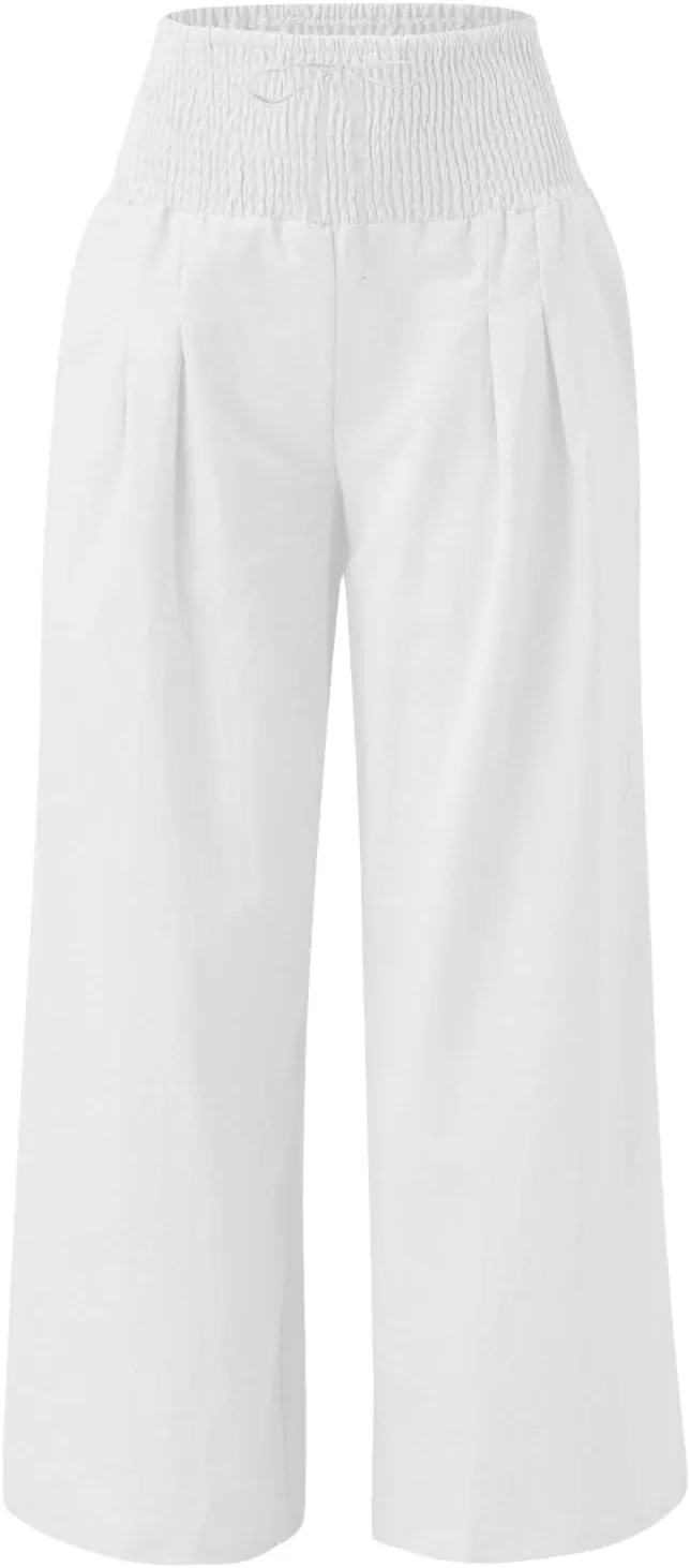 Linen Pants Women Wide Leg Boho Palazzo Pants 2025 Casual Elastic High Waisted Pants Drawstring Lounge Trousers