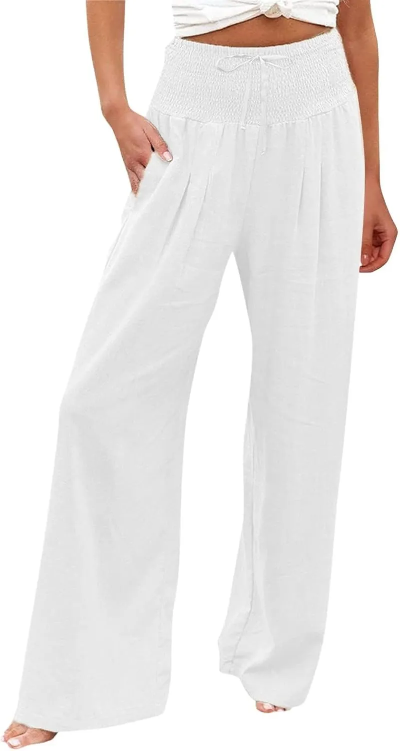 Linen Pants Women Wide Leg Boho Palazzo Pants 2025 Casual Elastic High Waisted Pants Drawstring Lounge Trousers