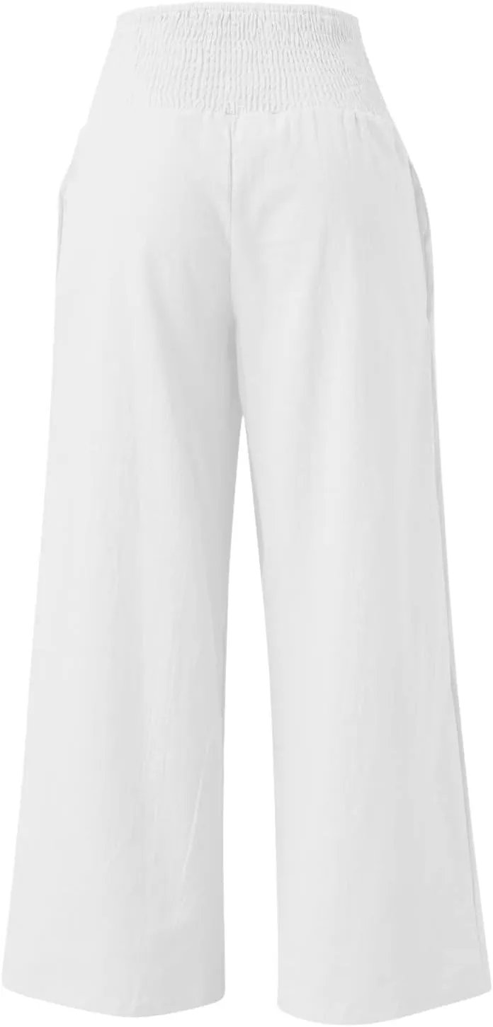 Linen Pants Women Wide Leg Boho Palazzo Pants 2025 Casual Elastic High Waisted Pants Drawstring Lounge Trousers