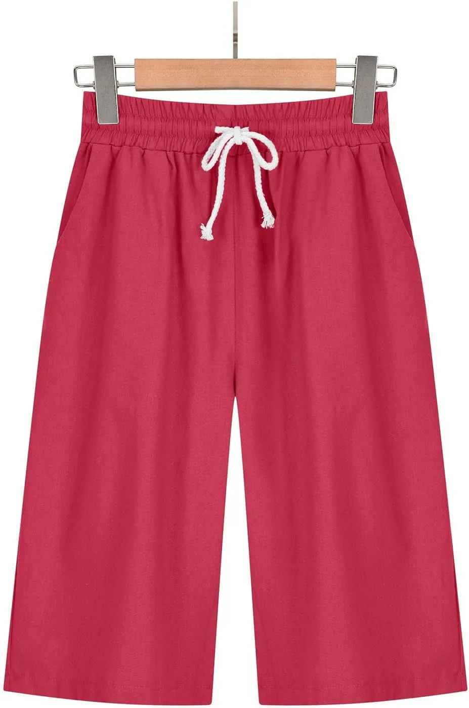 Linen Shorts for Women Elastic Waist Knee Length Shorts Loose Fit Drawstring Bermuda Shorts Summer Vacation Shorts