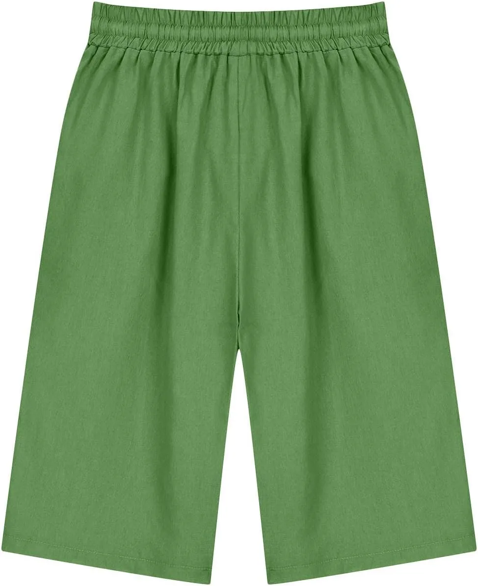 Linen Shorts for Women Elastic Waist Knee Length Shorts Loose Fit Drawstring Bermuda Shorts Summer Vacation Shorts