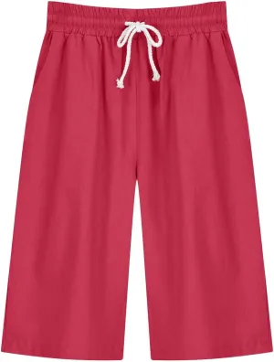 Linen Shorts for Women Elastic Waist Knee Length Shorts Loose Fit Drawstring Bermuda Shorts Summer Vacation Shorts