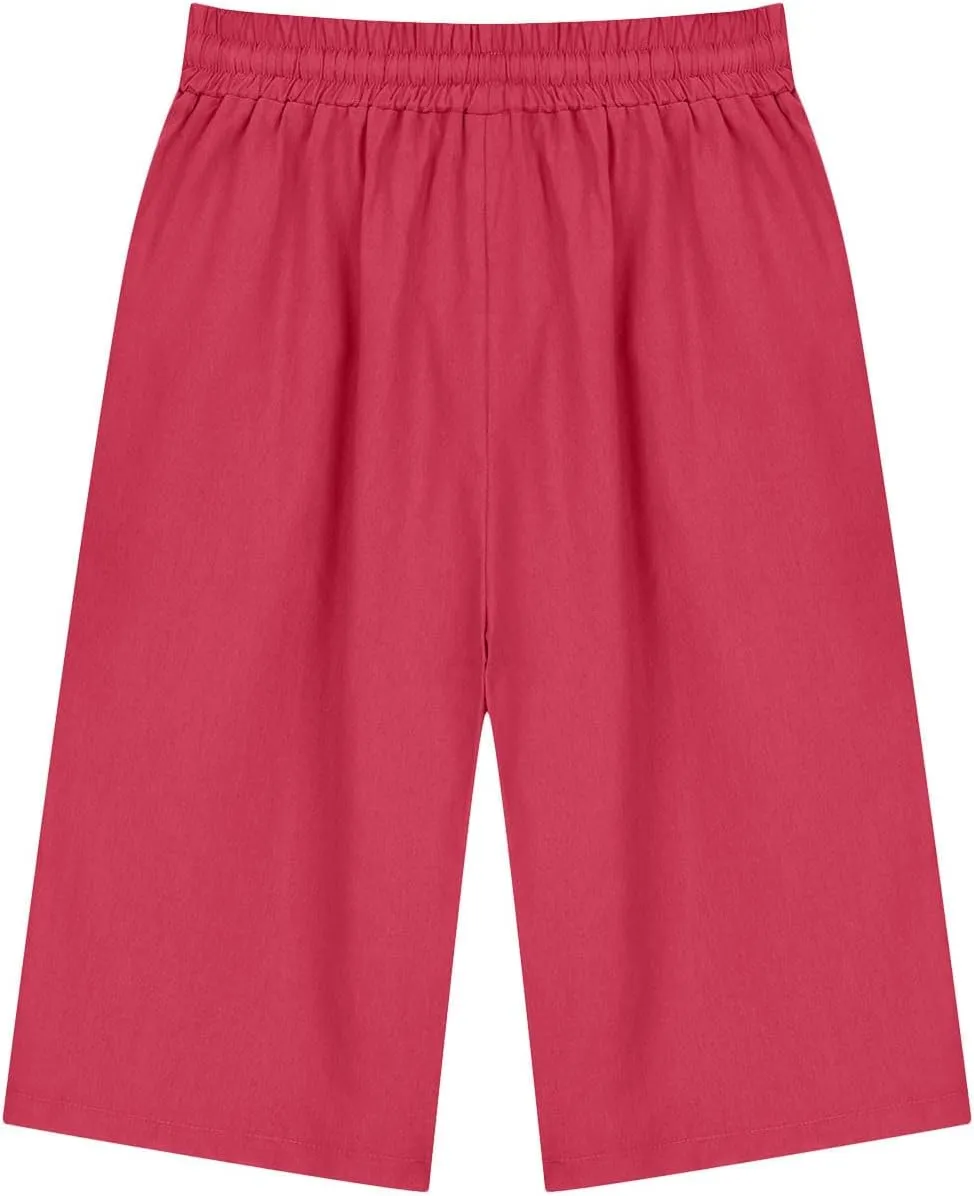 Linen Shorts for Women Elastic Waist Knee Length Shorts Loose Fit Drawstring Bermuda Shorts Summer Vacation Shorts