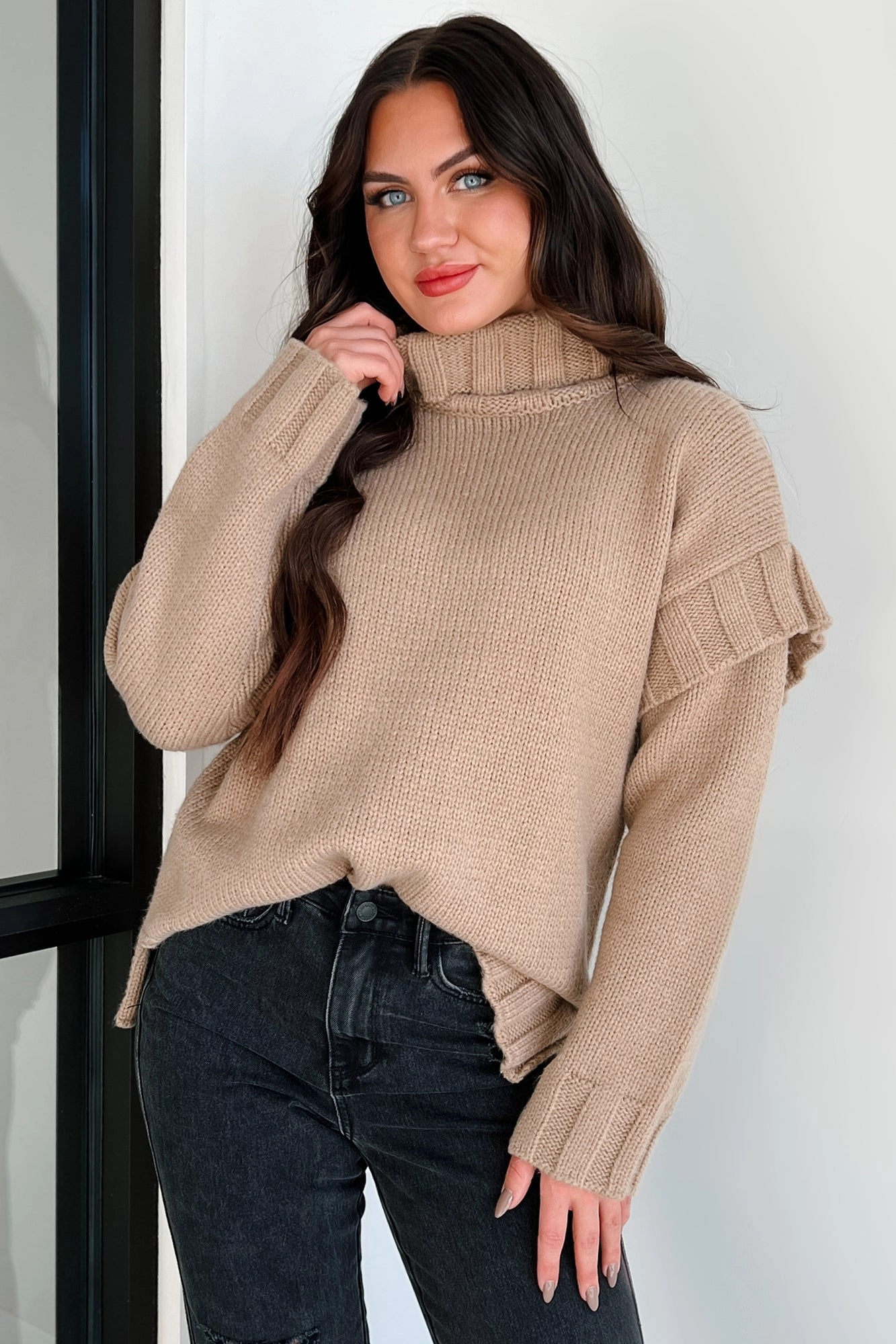 VentedBack MidweightJersey Staying Connected Oversized Turtleneck Sweater (Taupe)