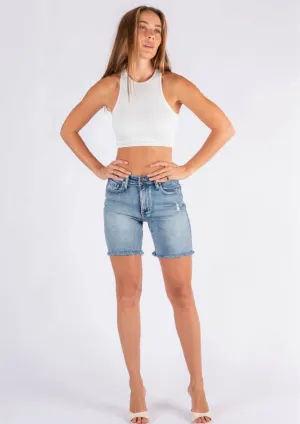 Little Longer Stretch Denim Wakee Shorts in Blue Wash