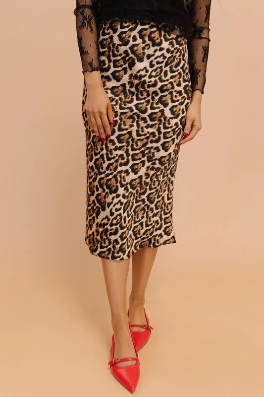 LIVIA LEOPARD SATIN MIDI SLIP SKIRT IN BROWN