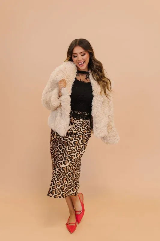 LIVIA LEOPARD SATIN MIDI SLIP SKIRT IN BROWN
