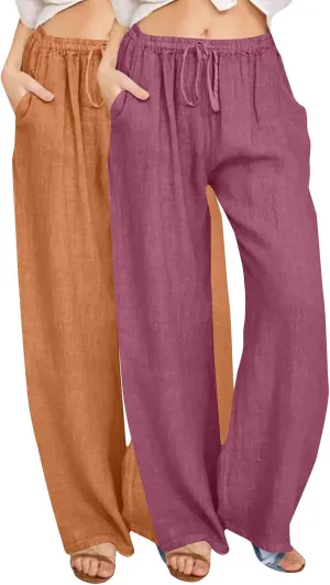 Lmdudan 2 Pc Cotton Linen Pants for Women Beach Pant Plus Size Wide Leg Sweatpants 2025 Summer Cropped Elastic Waist Trousers
