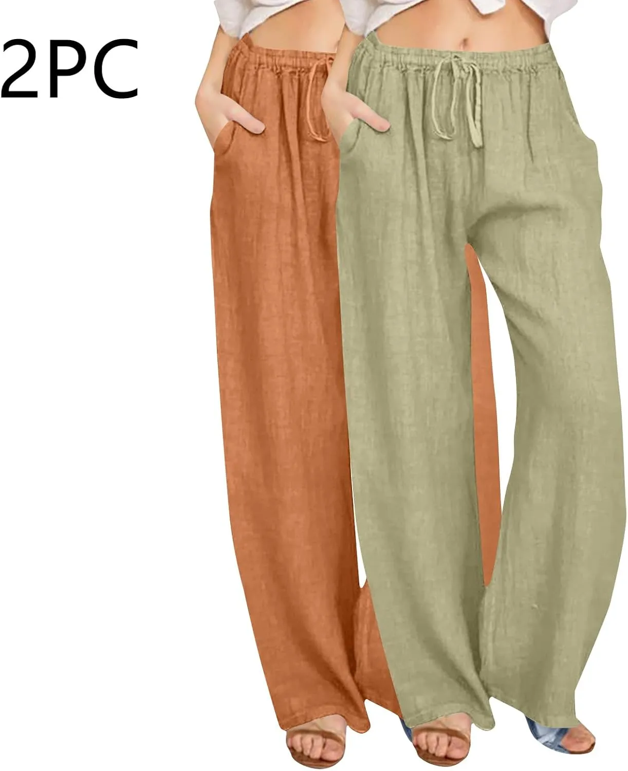 Lmdudan 2 Pc Cotton Linen Pants for Women Beach Pant Plus Size Wide Leg Sweatpants 2025 Summer Cropped Elastic Waist Trousers