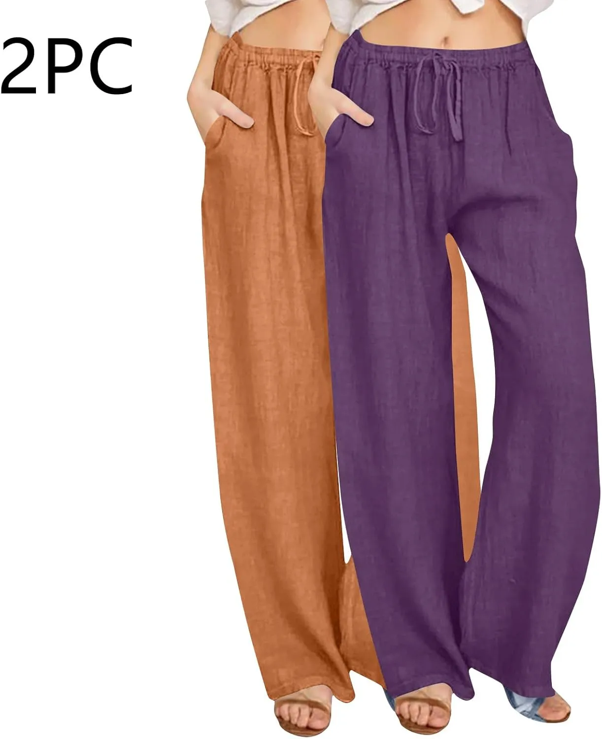 Lmdudan 2 Pc Cotton Linen Pants for Women Beach Pant Plus Size Wide Leg Sweatpants 2025 Summer Cropped Elastic Waist Trousers