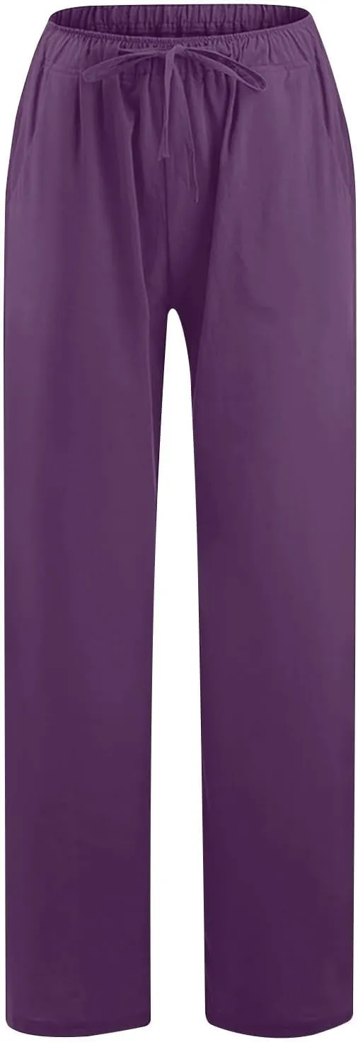Lmdudan 2 Pc Cotton Linen Pants for Women Beach Pant Plus Size Wide Leg Sweatpants 2025 Summer Cropped Elastic Waist Trousers