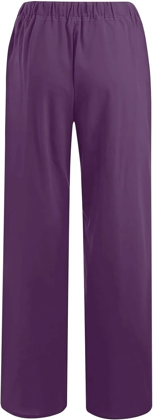 Lmdudan 2 Pc Cotton Linen Pants for Women Beach Pant Plus Size Wide Leg Sweatpants 2025 Summer Cropped Elastic Waist Trousers