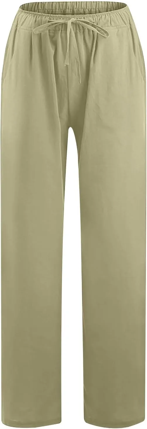Lmdudan 2 Pc Cotton Linen Pants for Women Beach Pant Plus Size Wide Leg Sweatpants 2025 Summer Cropped Elastic Waist Trousers