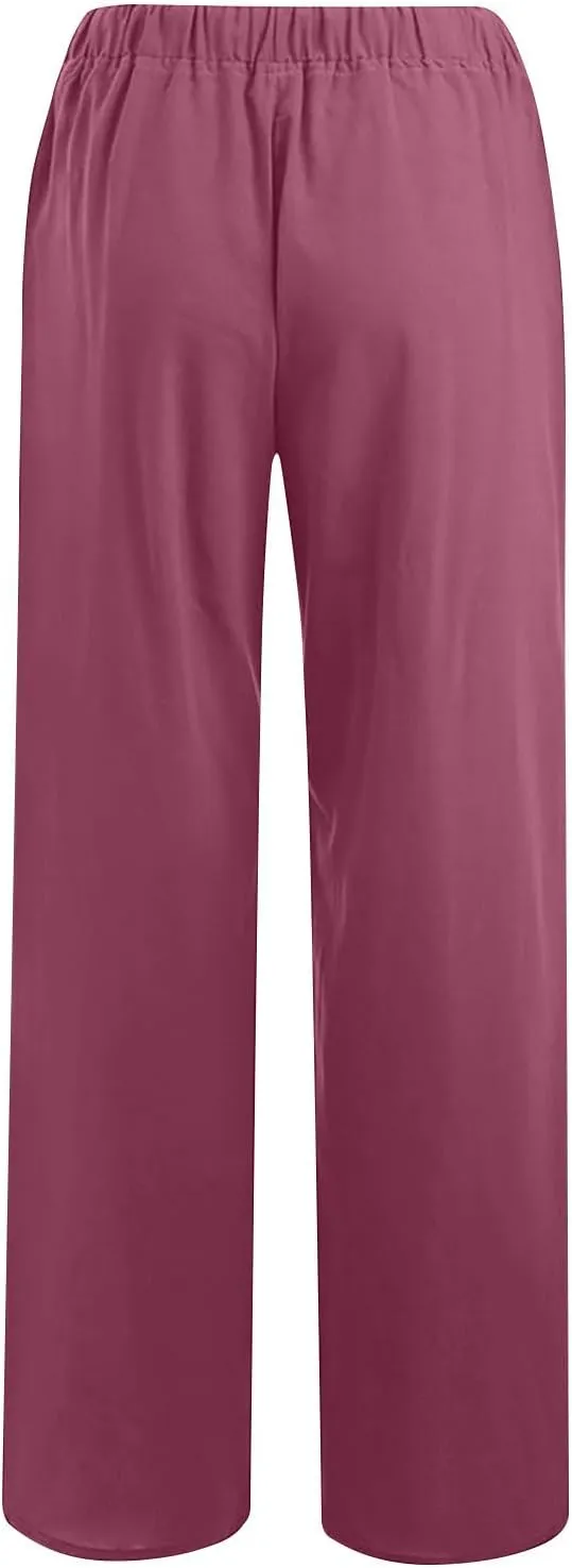 Lmdudan 2 Pc Cotton Linen Pants for Women Beach Pant Plus Size Wide Leg Sweatpants 2025 Summer Cropped Elastic Waist Trousers