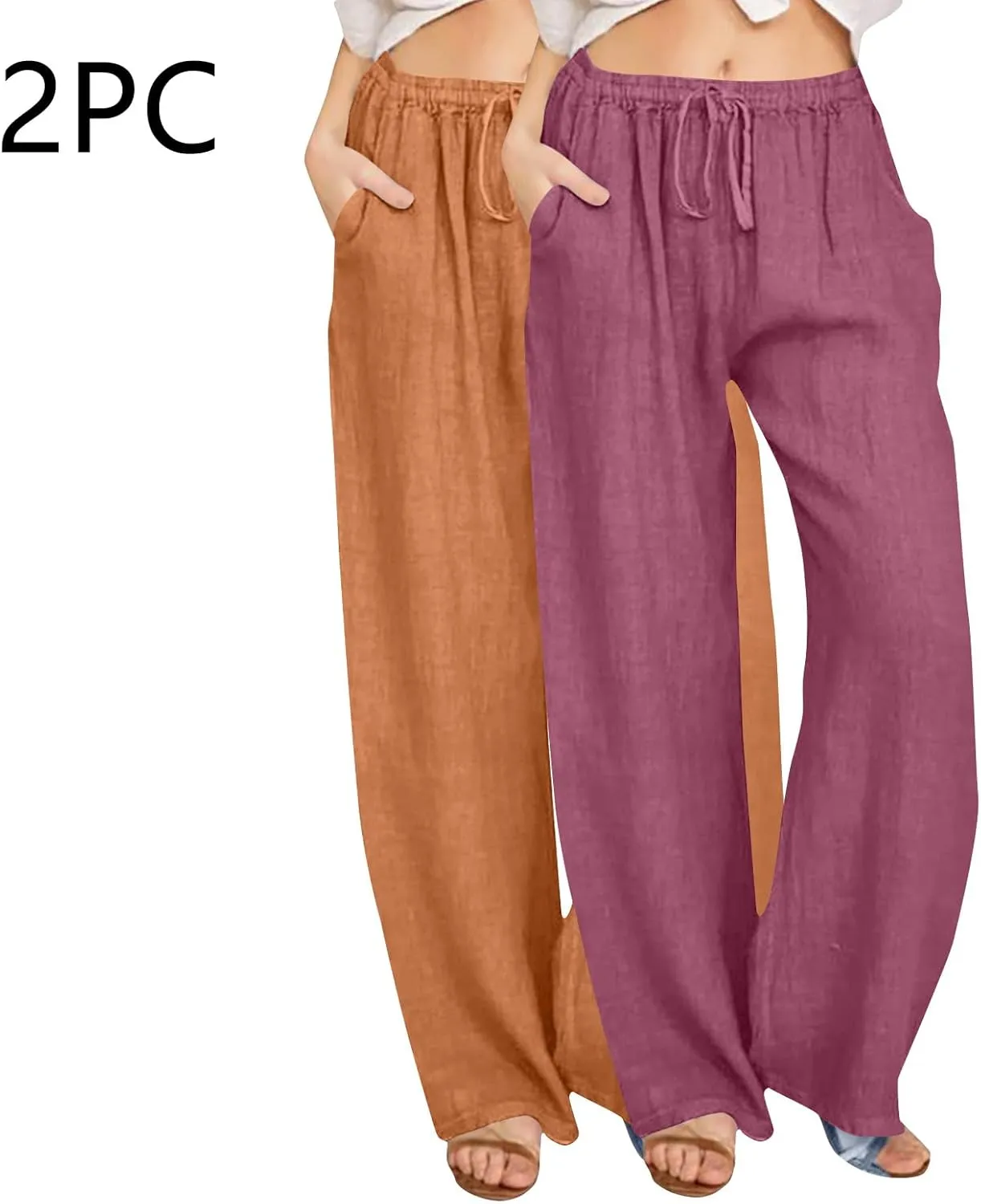 Lmdudan 2 Pc Cotton Linen Pants for Women Beach Pant Plus Size Wide Leg Sweatpants 2025 Summer Cropped Elastic Waist Trousers