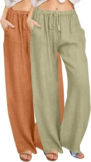 Lmdudan 2 Pc Cotton Linen Pants for Women Beach Pant Plus Size Wide Leg Sweatpants 2025 Summer Cropped Elastic Waist Trousers