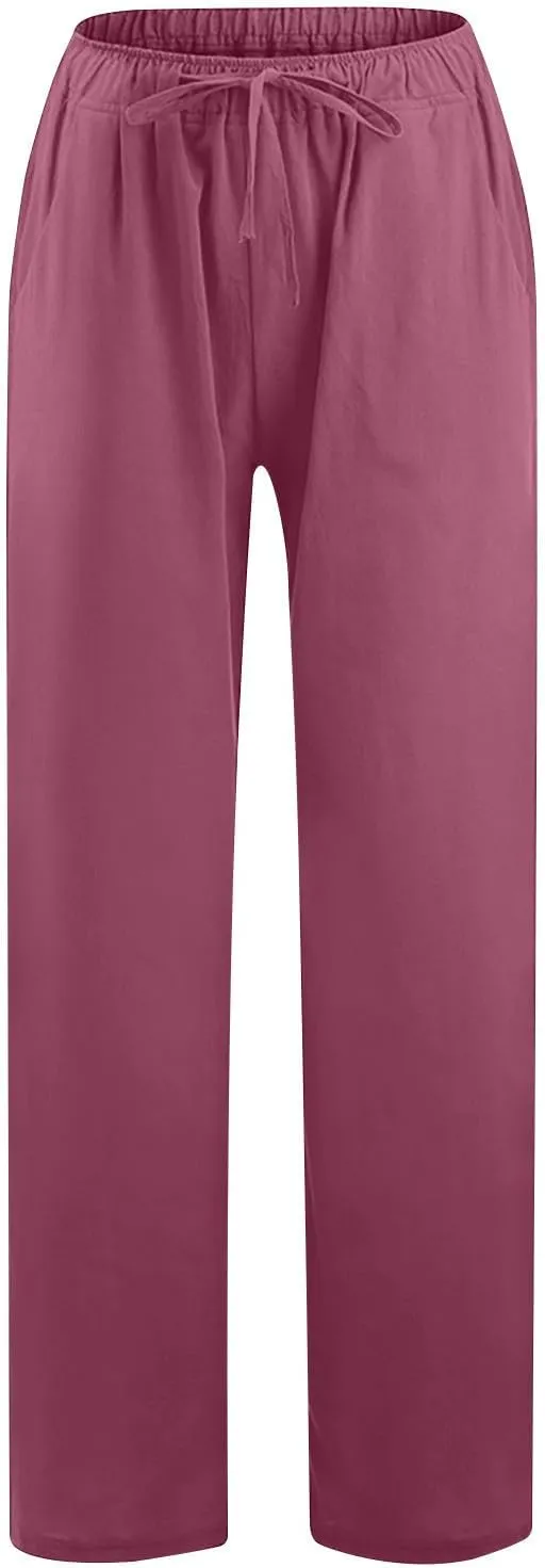 Lmdudan 2 Pc Cotton Linen Pants for Women Beach Pant Plus Size Wide Leg Sweatpants 2025 Summer Cropped Elastic Waist Trousers