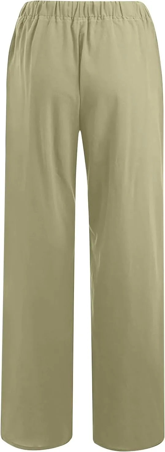 Lmdudan 2 Pc Cotton Linen Pants for Women Beach Pant Plus Size Wide Leg Sweatpants 2025 Summer Cropped Elastic Waist Trousers