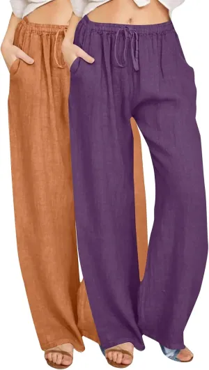 Lmdudan 2 Pc Cotton Linen Pants for Women Beach Pant Plus Size Wide Leg Sweatpants 2025 Summer Cropped Elastic Waist Trousers