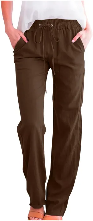 Lmdudan Cotton Linen Pants Women Summer Loose Straight Leg Pants Casual Drawstring Elastic Waist Beach Trousers with Pockets