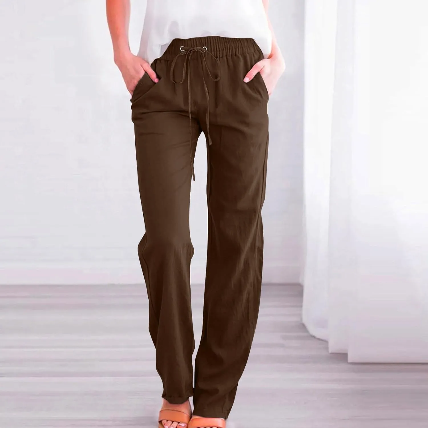 Lmdudan Cotton Linen Pants Women Summer Loose Straight Leg Pants Casual Drawstring Elastic Waist Beach Trousers with Pockets